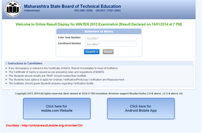 MSBTE 2014 Winter 2013 Examination Results